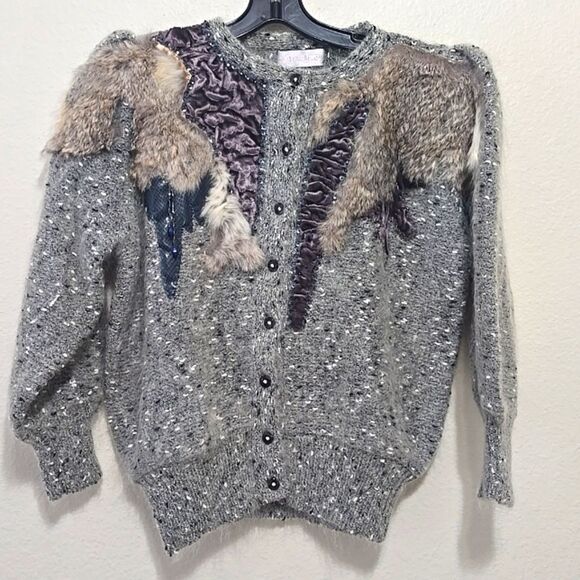 Vintage SWEATER Wool, Buttoned (M, ) Cardigan - multi/media/lapis lazuli/fur - Picture 1 of 11